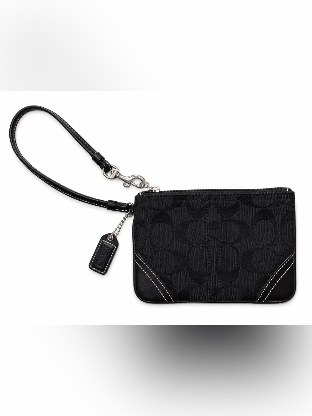 Coach Black Signature C Jacquard Wristlet Leather Trim Zip Pouch